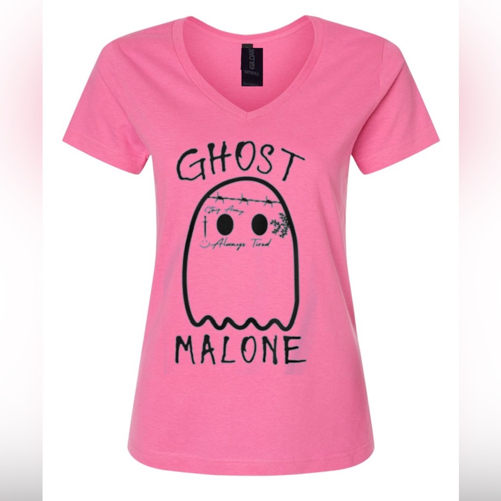 Screen Print Ghost Malone Pink V- Neck T-Shirt - Halloween Shirt - NEW